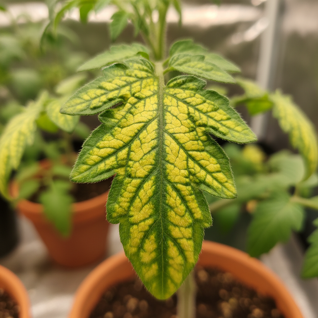 Close-up of tomato leaf showing interveinal chlorosis nutrient deficiency