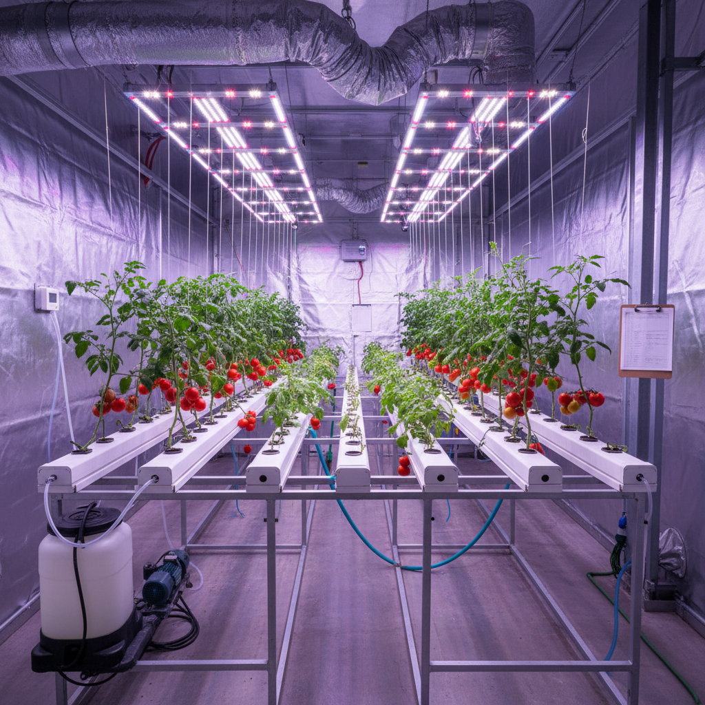 Complete NFT hydroponic system with tomato plants in white PVC channels under LED lights