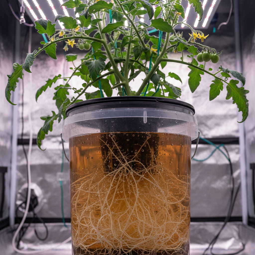 Tomato plant roots submerged in a DWC hydroponic bucket with healthy white roots