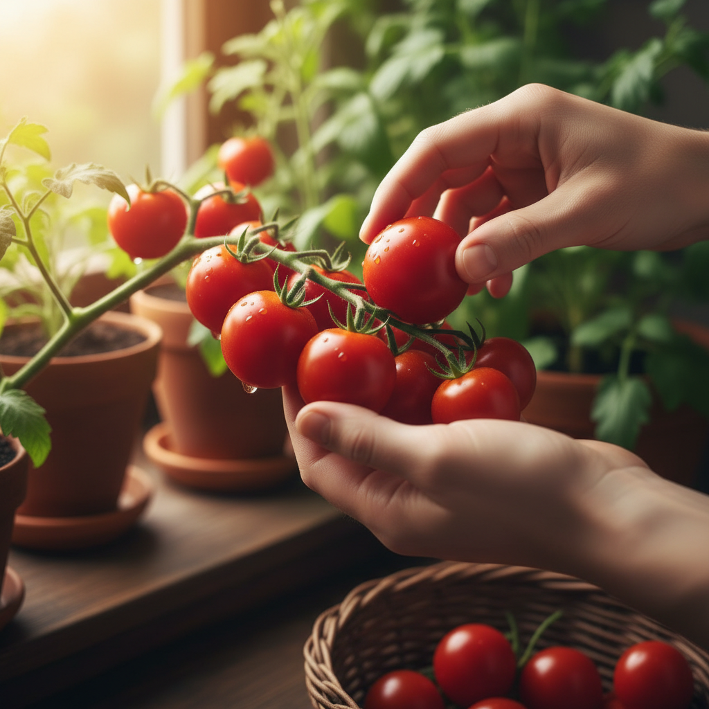Hands harvesting perfectly ripe red cherry tomatoes from an indoor plant