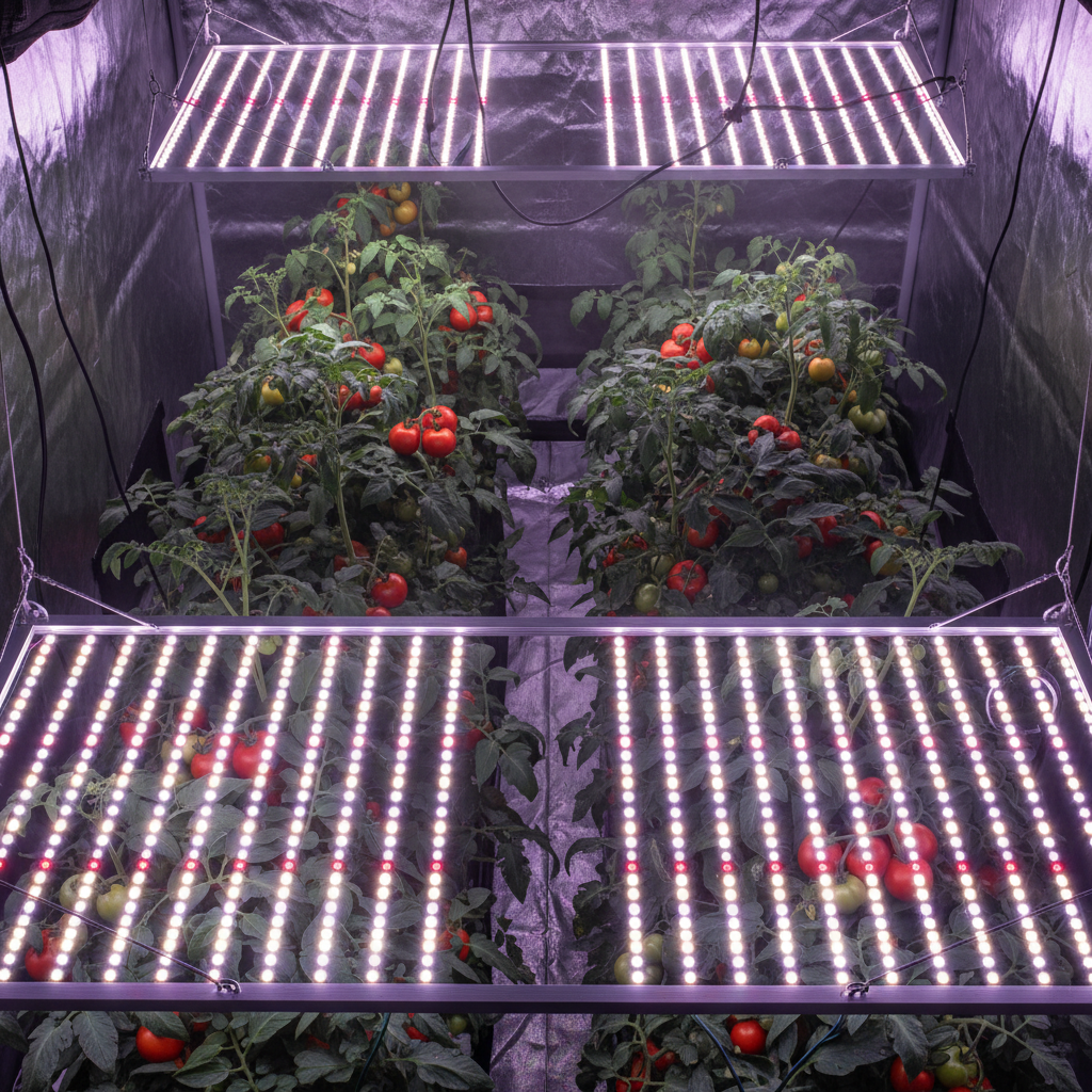 Full spectrum LED grow light illuminating lush green indoor tomato plants