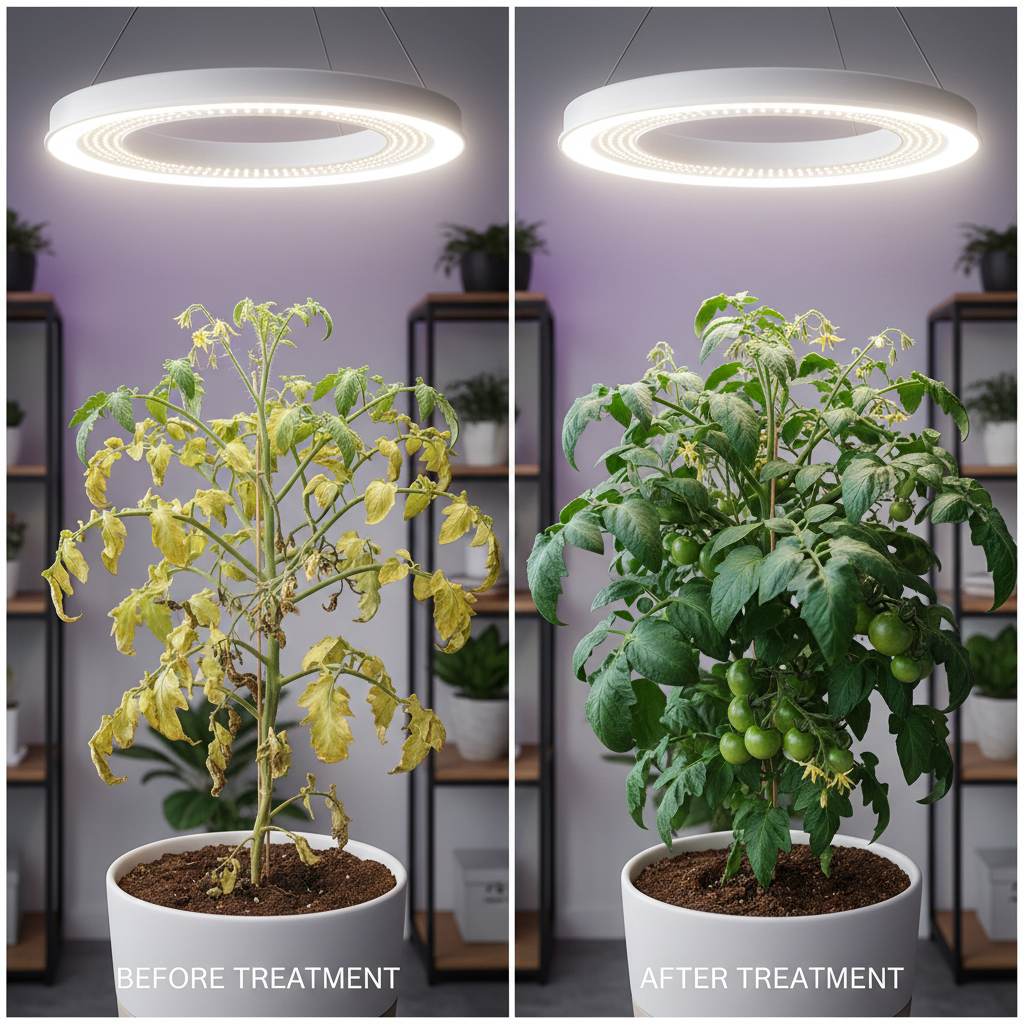 Recovered healthy indoor tomato plant with deep green leaves after treatment