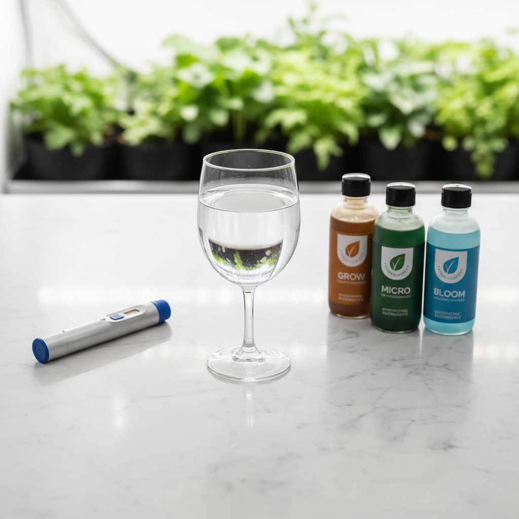 pH testing pen and hydroponic nutrients on a clean surface for indoor growing