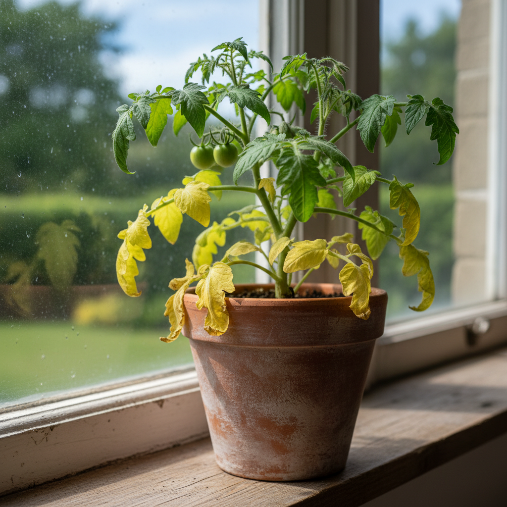 Indoor tomato plant with yellowing lower leaves on a windowsill