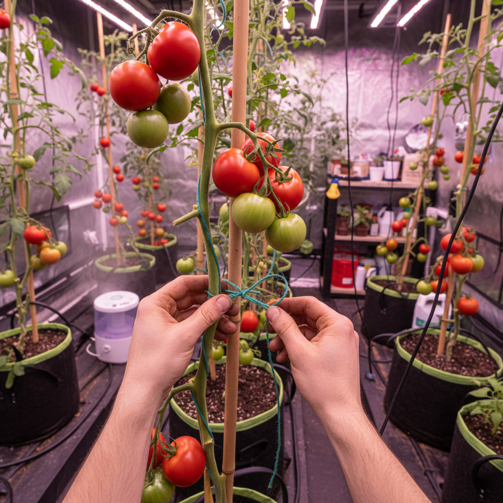 Gardener training indoor tomato plant by tying stems to a bamboo stake