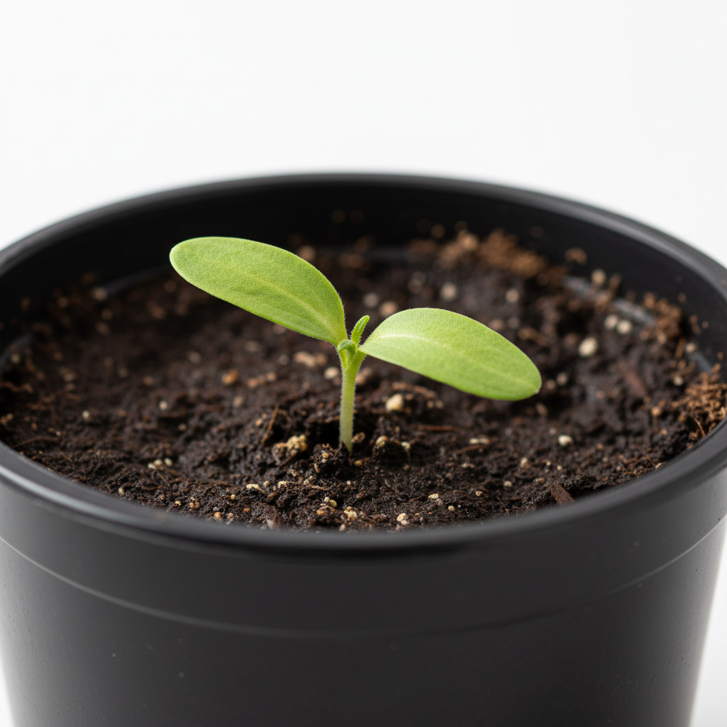 Tomato seedling with cotyledon leaves emerging from growing medium