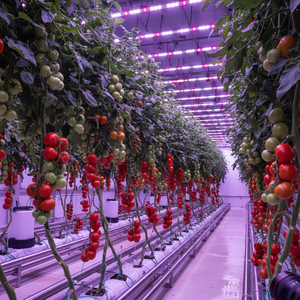 Hydroponic tomato plants with large trusses of green and red tomatoes under LED lights