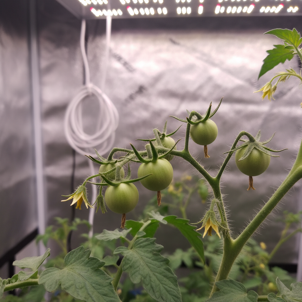 Small green tomato fruits forming on the vine after pollination