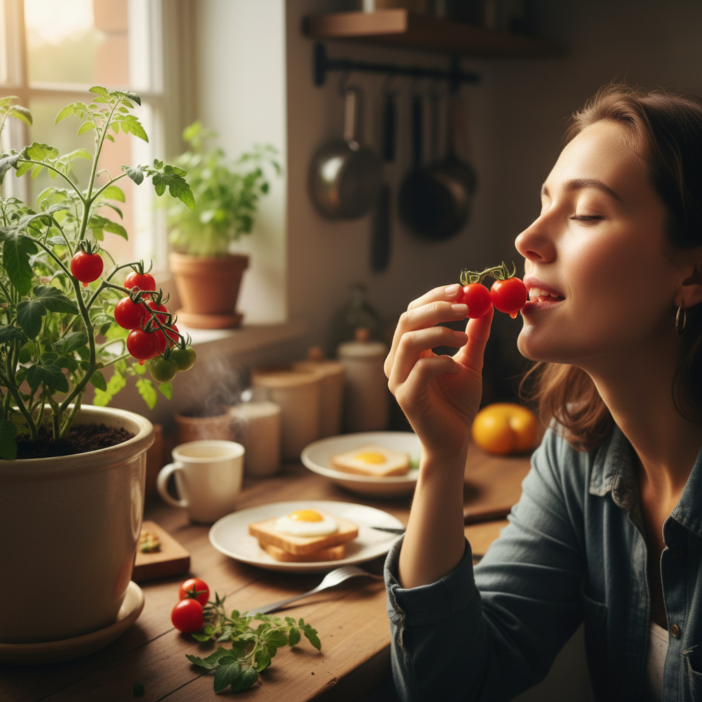 Person tasting a freshly picked homegrown cherry tomato with delight
