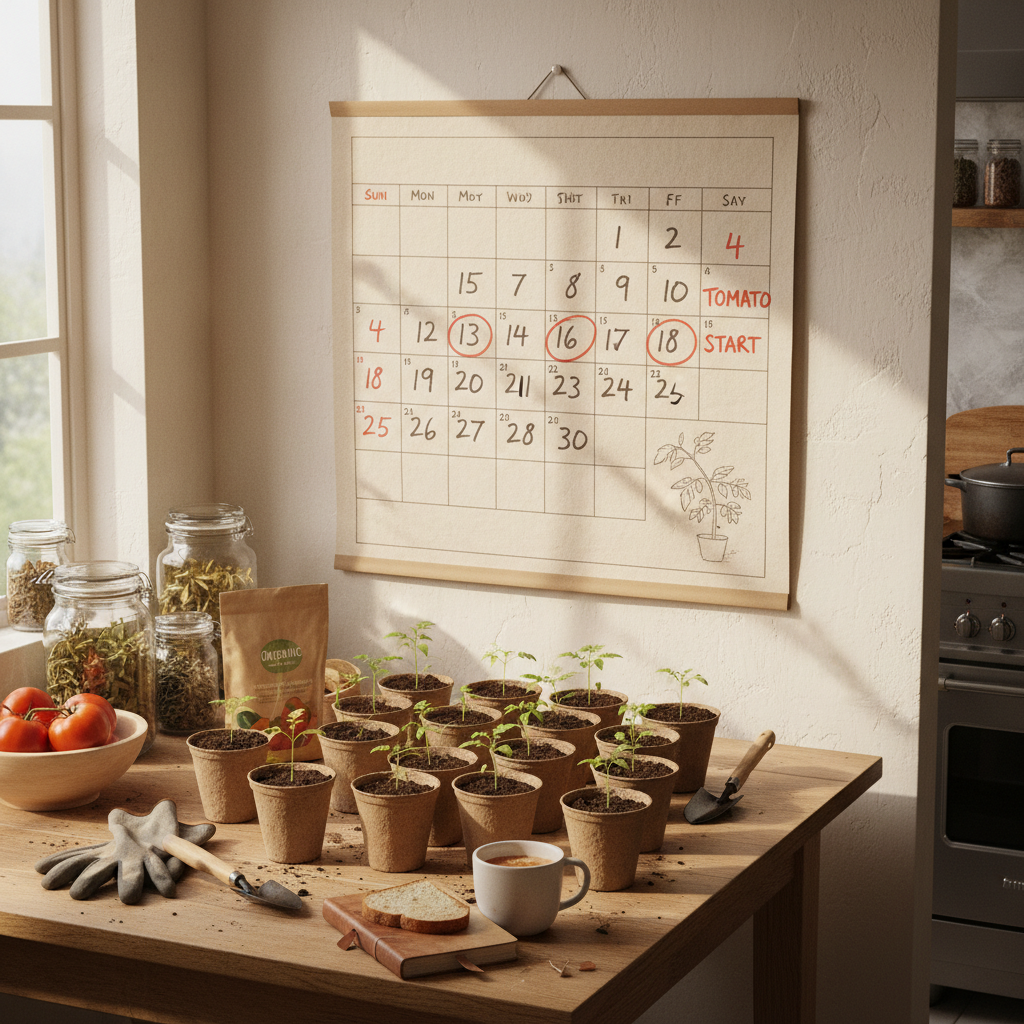 Kitchen calendar with tomato planting dates circled and seedlings on table