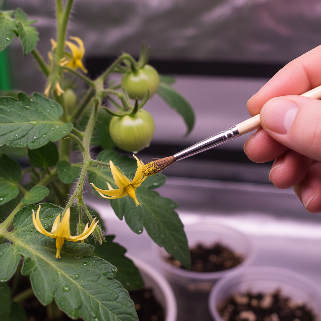 Hand pollinating indoor tomato flowers with a small paintbrush