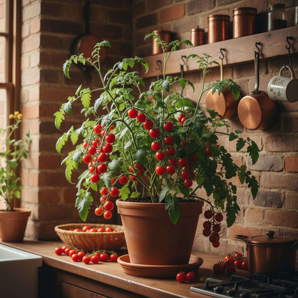 Lush indoor tomato plant loaded with ripe cherry tomatoes in a cozy kitchen