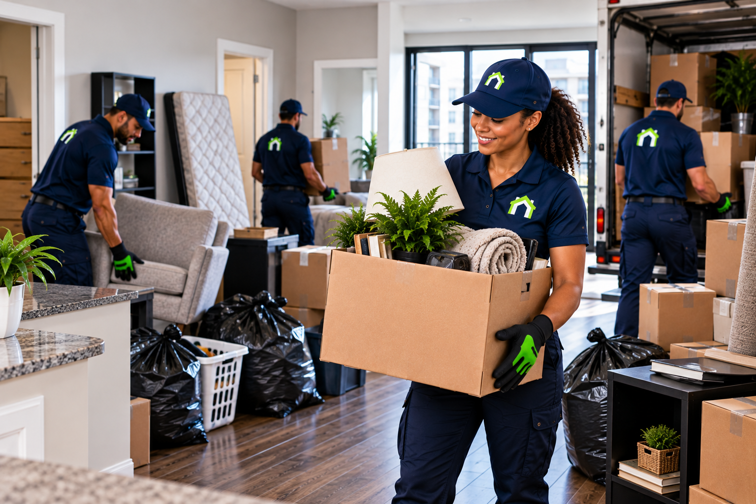 CleanOutz crew performing a move-out cleanout — packing boxes, clearing clutter, and loading items before a customer moves forward.