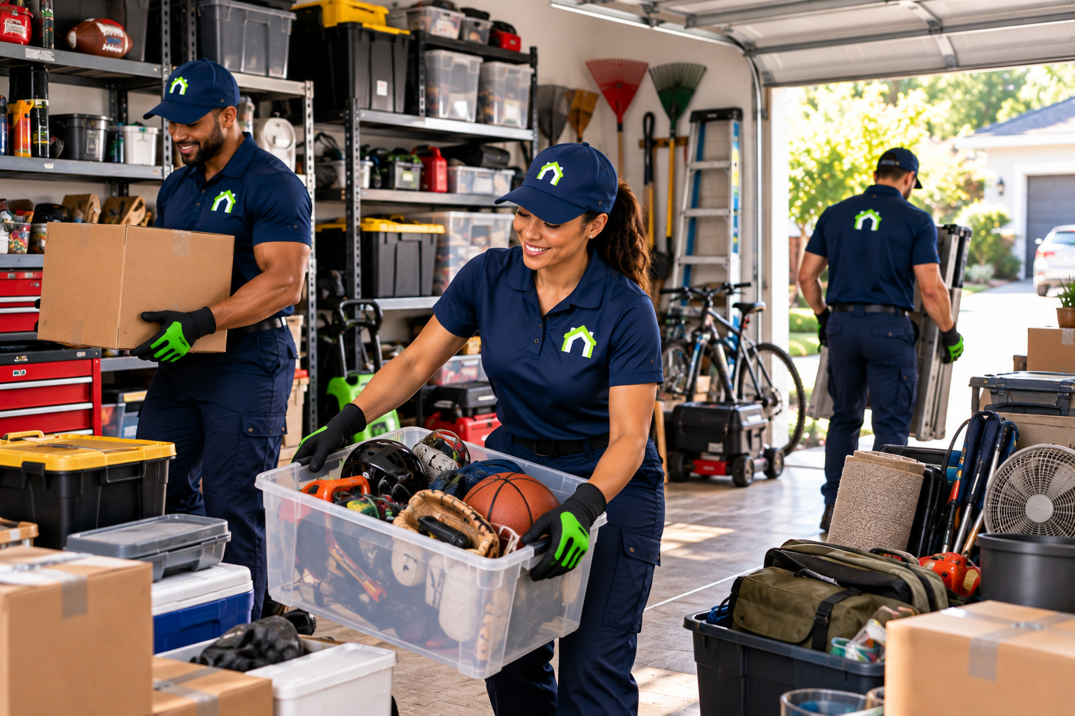 CleanOutz crew clearing light garage clutter — carrying bins, boxes, and household items from a residential garage.
