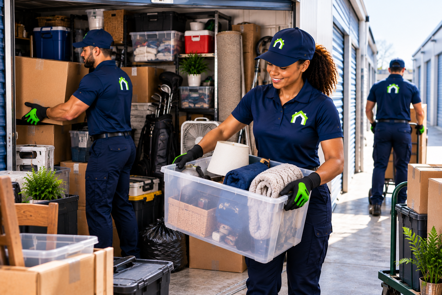 CleanOutz Storage Edition crew clearing and packing items from a small storage unit.