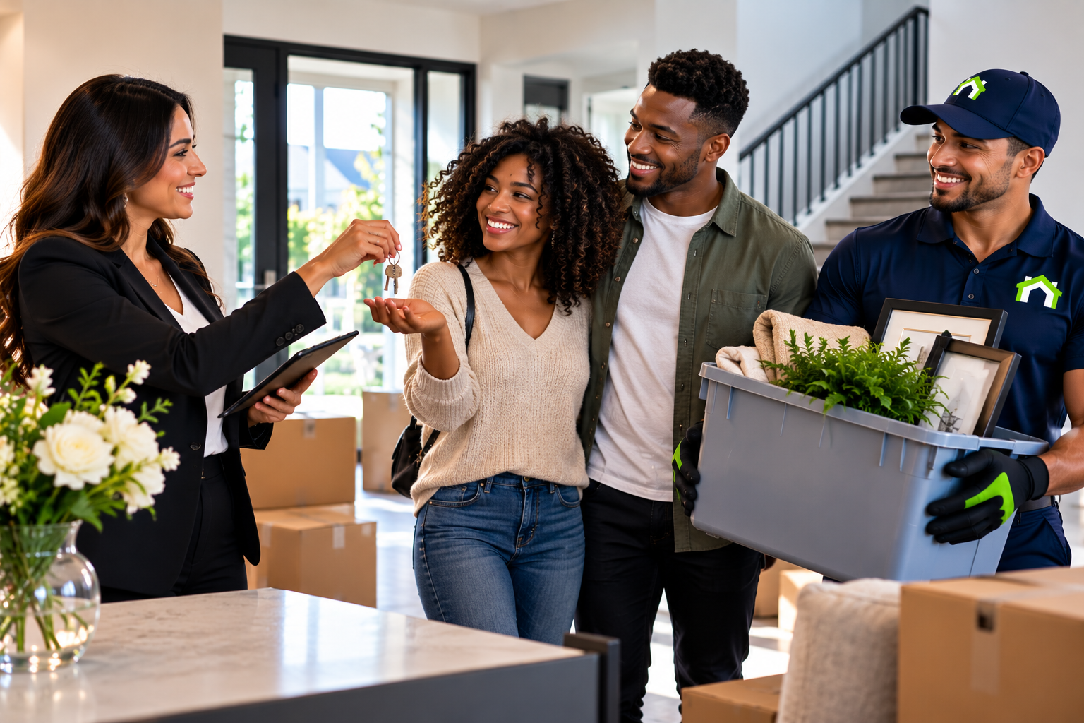 CleanOutz closing gift — a realtor hands keys to a happy couple while a CleanOutz crew member delivers a welcome bin.