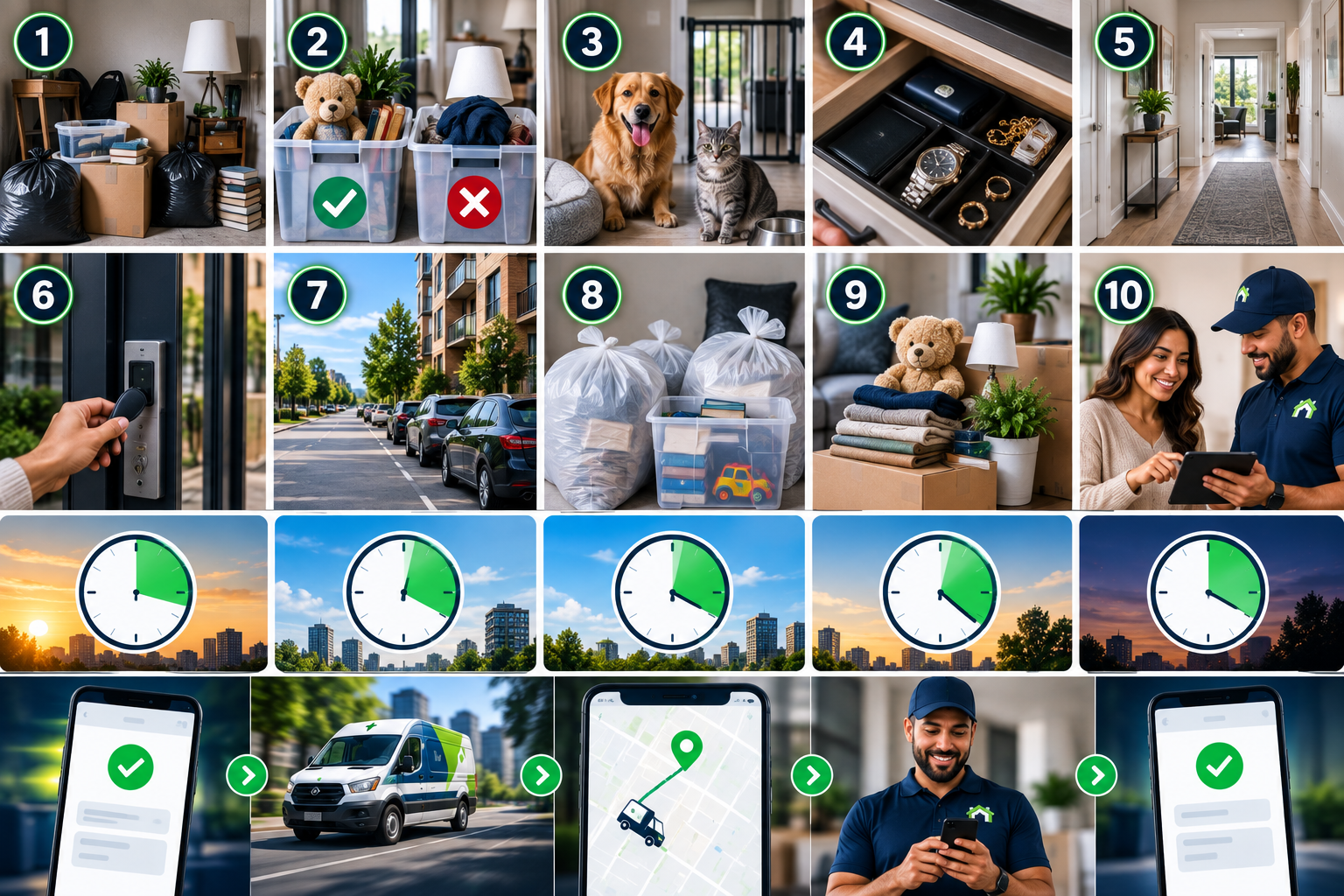 CleanOutz prep guide: pack items, sort keep vs. donate, secure pets, store valuables, clear walkways, provide access, reserve parking, prep donations, box fragile items, and review the checklist with your crew.