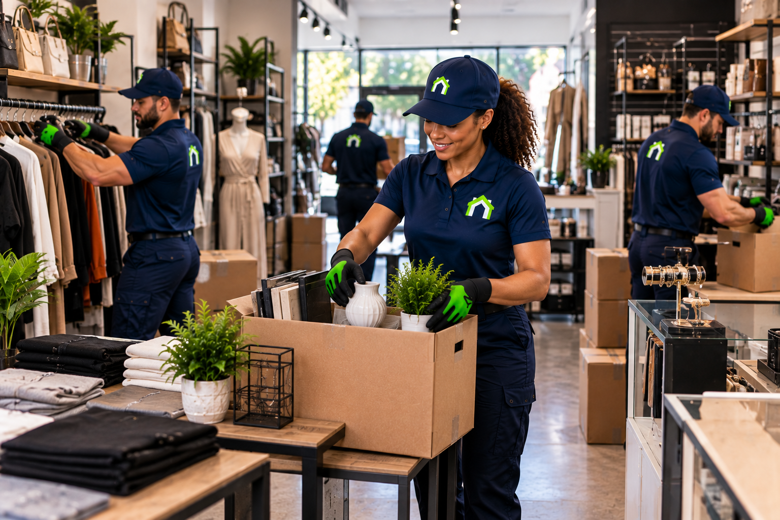 CleanOutz Retail Edition crew organizing inventory and packing items during a small retail store cleanout.