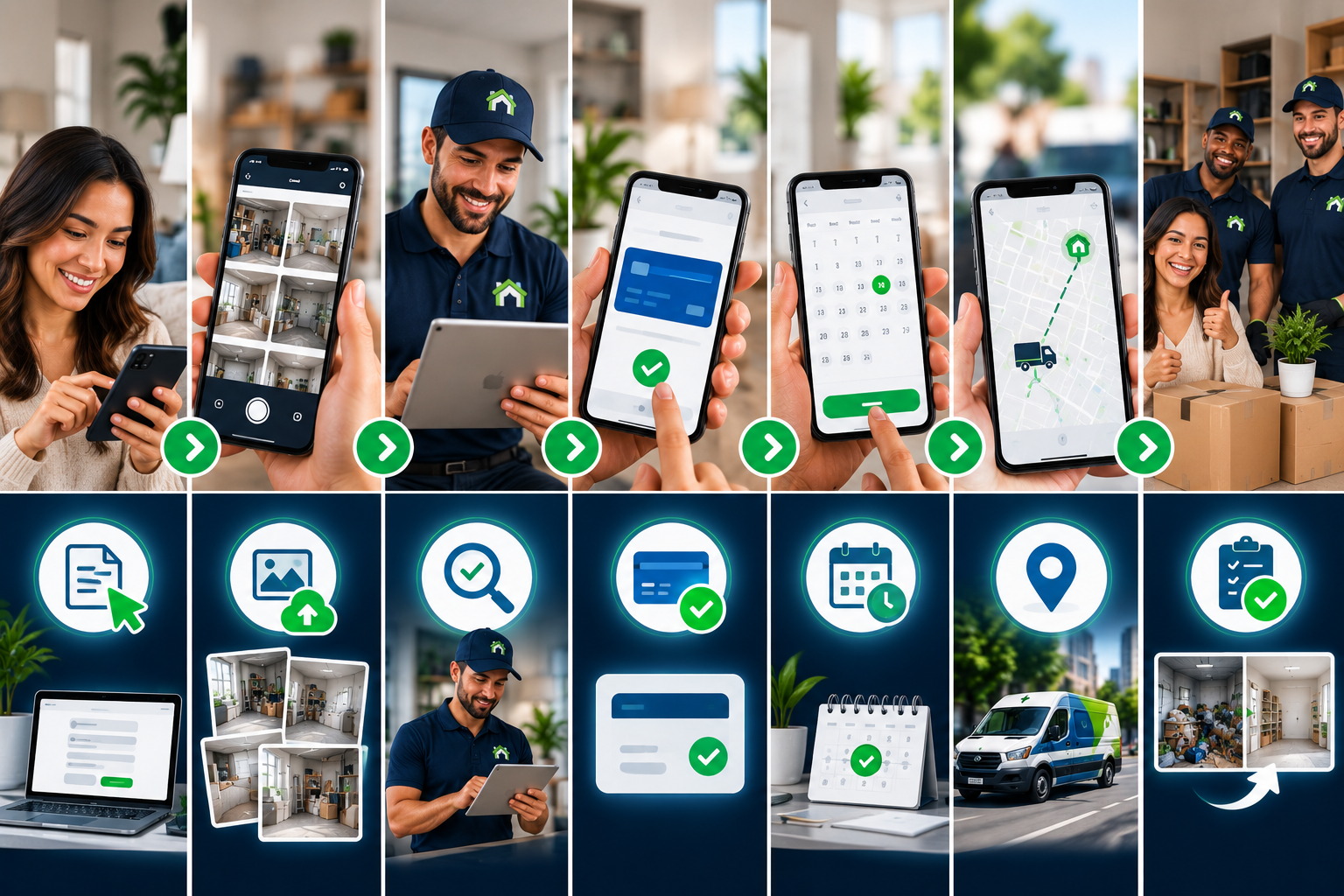 CleanOutz 7-step process: Apply, Upload, Approve, Pay, Schedule, Track, Report.