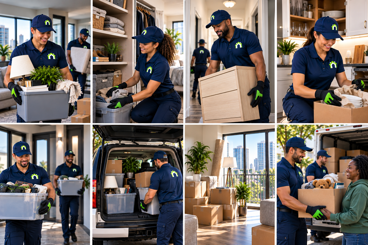 CleanOutz technicians performing residential cleanout and organizing tasks — packing, carrying, and handing off items.