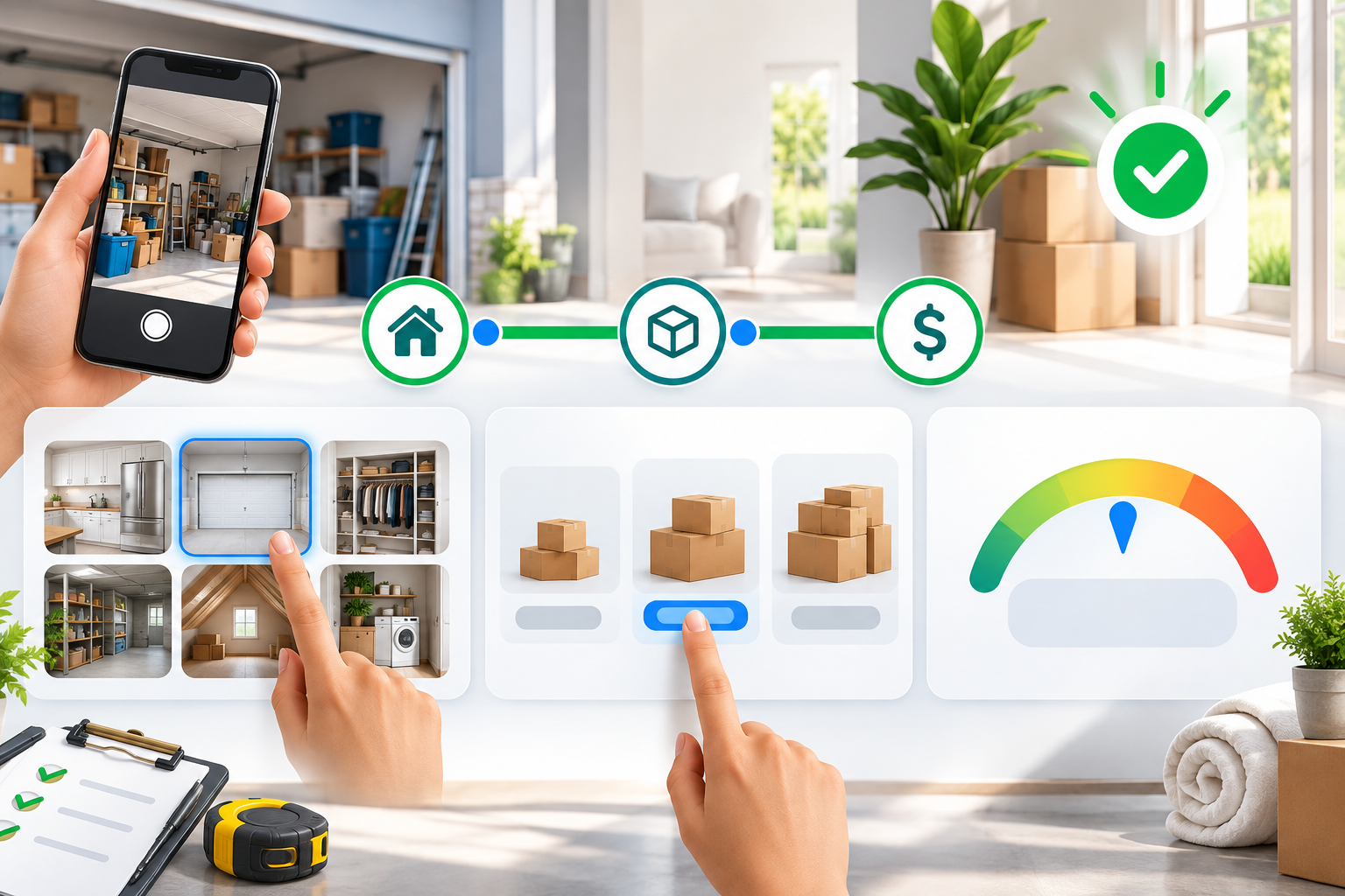 Instant Price Estimator workflow illustration showing three steps: select your space, pick the volume level, and see your estimated price range on a gauge.