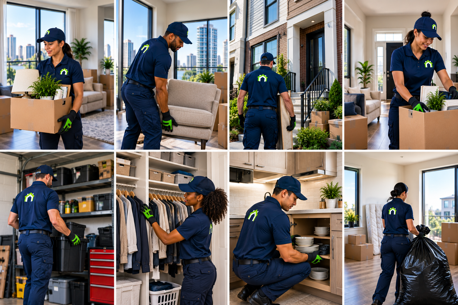 CleanOutz technicians organizing apartments, garages, closets, cabinets, and handling move-out cleanouts.