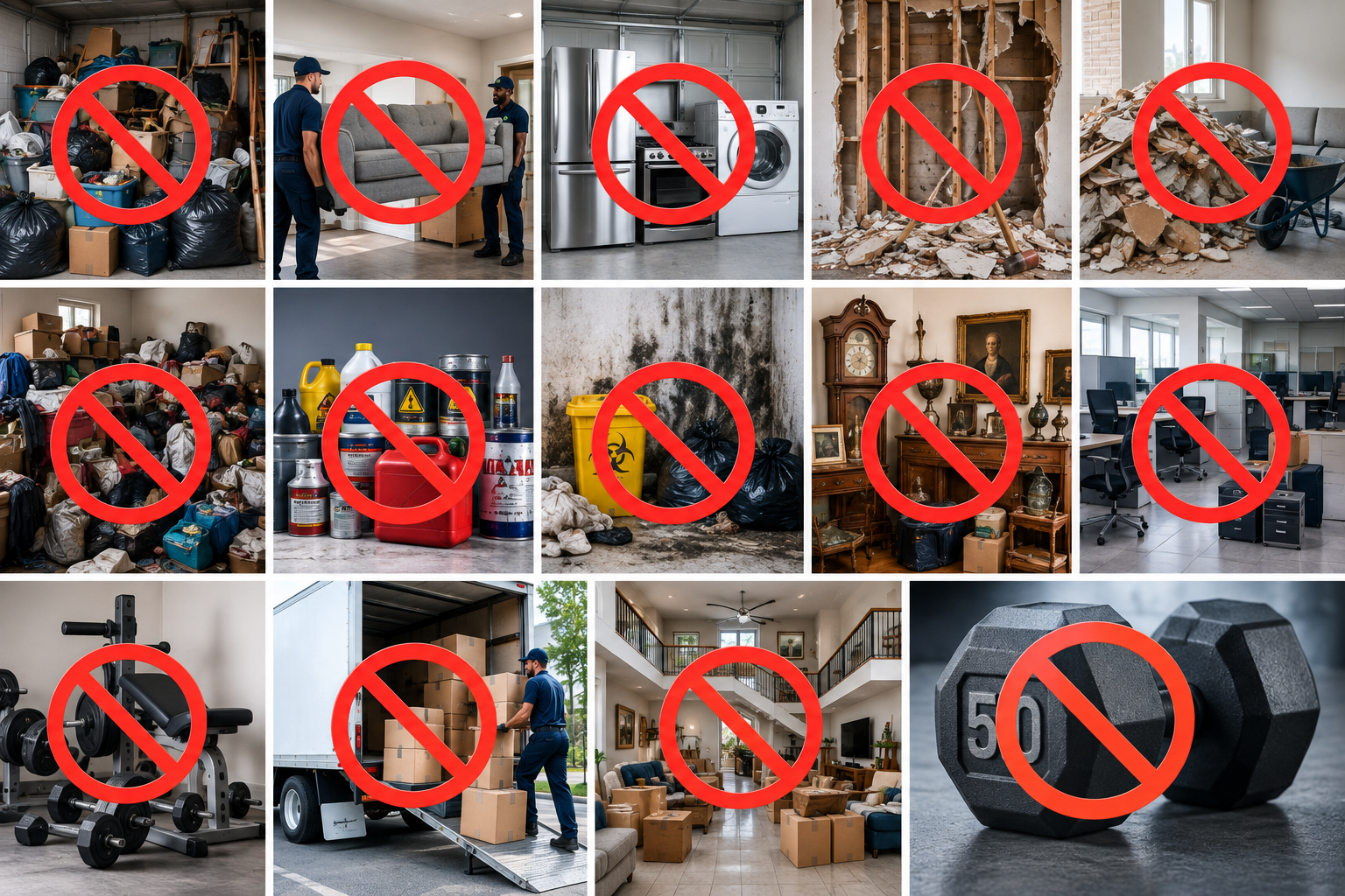 CleanOutz does not handle junk removal, furniture moving, appliances, demolition, trash hauling, hazardous materials, biohazards, antiques, office furniture, gym equipment, or items over 50 lbs.