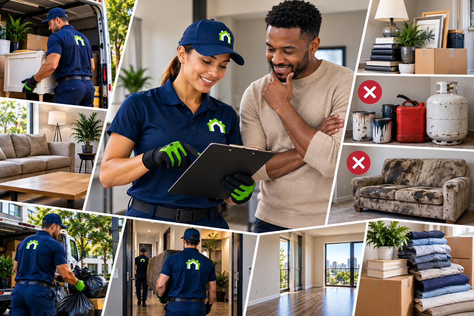 CleanOutz technicians handling approved items and refusing prohibited materials like hazardous chemicals and oversized furniture.