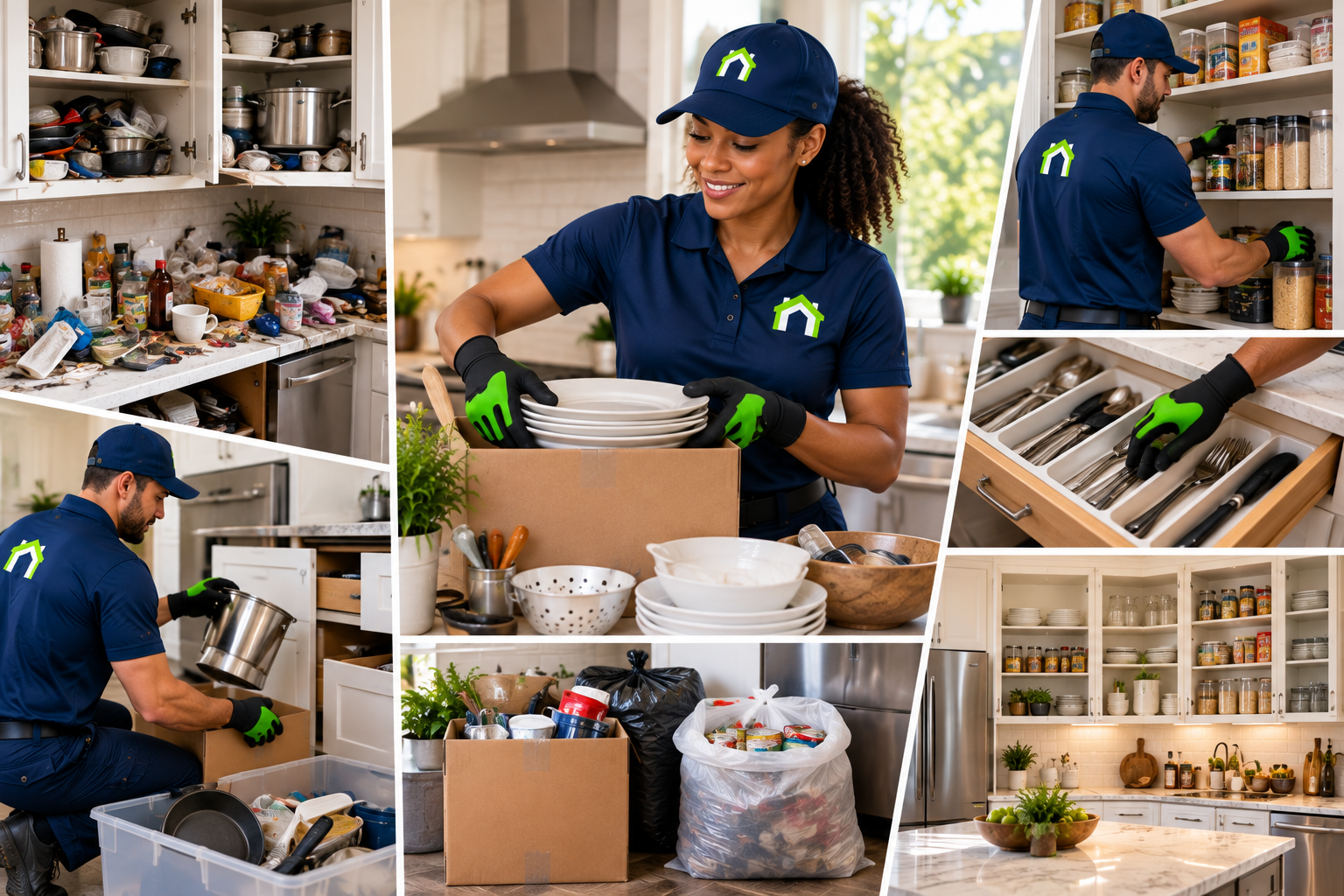 CleanOutz technicians clearing kitchen clutter — packing dishes, organizing pantry shelves, and clean kitchen after service.