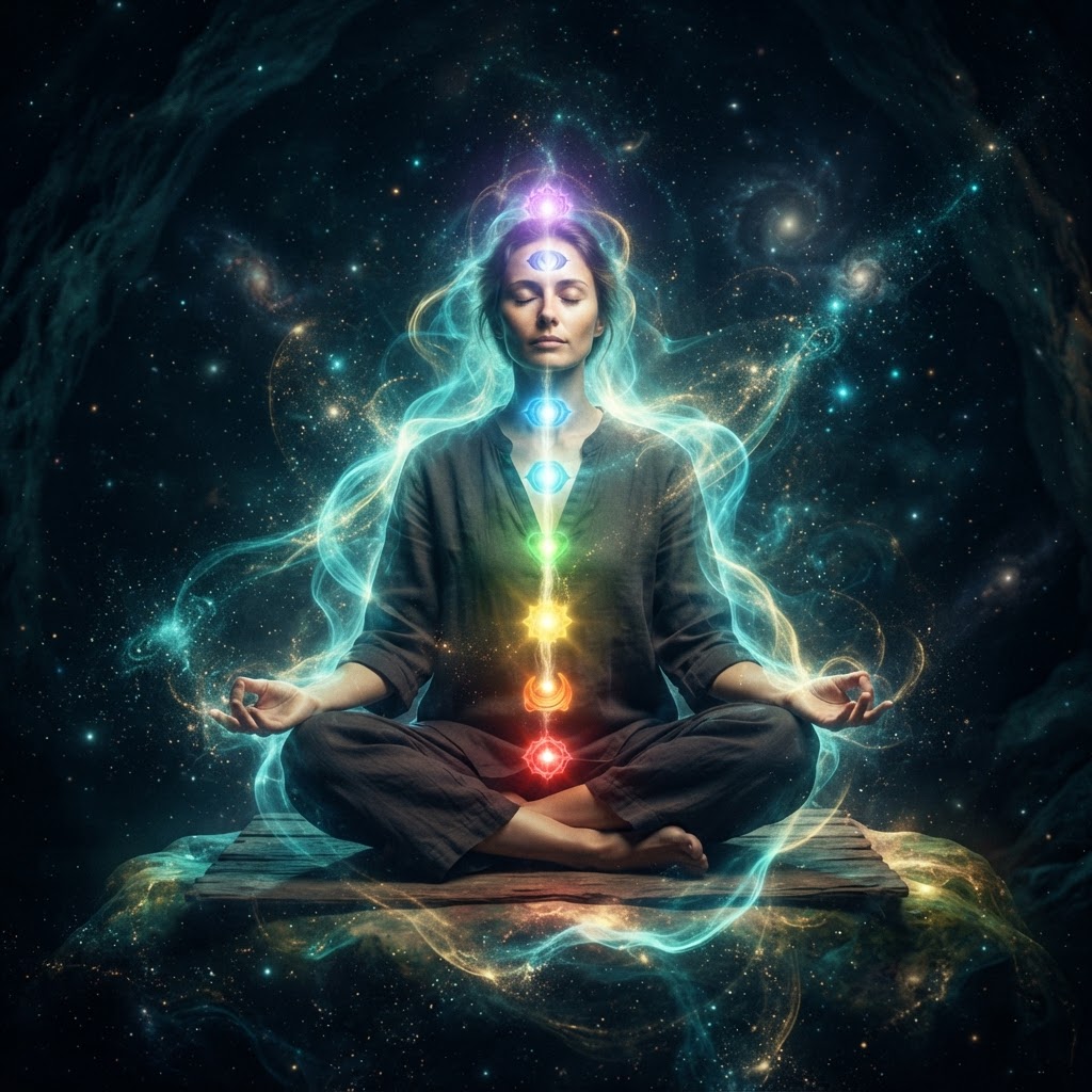 Persona meditando con energía mística durante una sesión de terapia ALMA 360