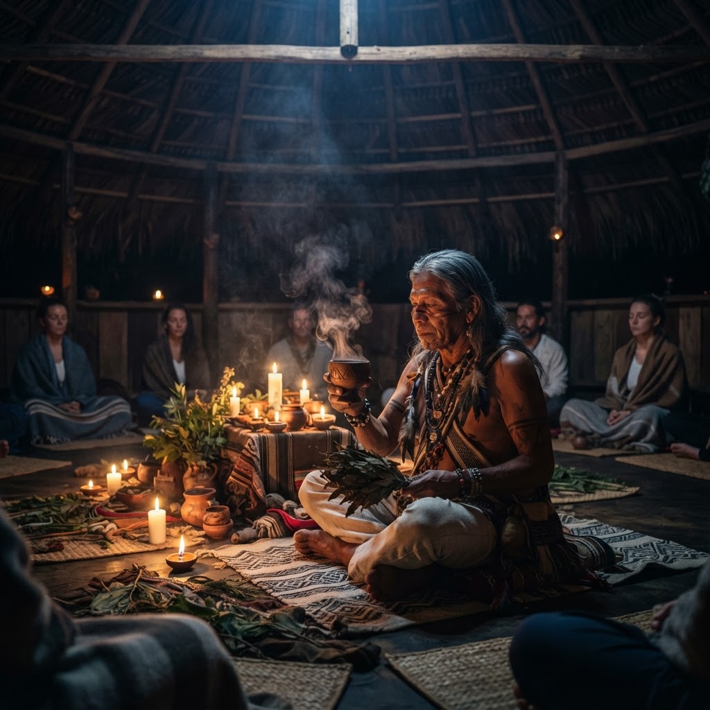 Ceremonia de ayahuasca nocturna con luz de velas en una maloca amazónica
