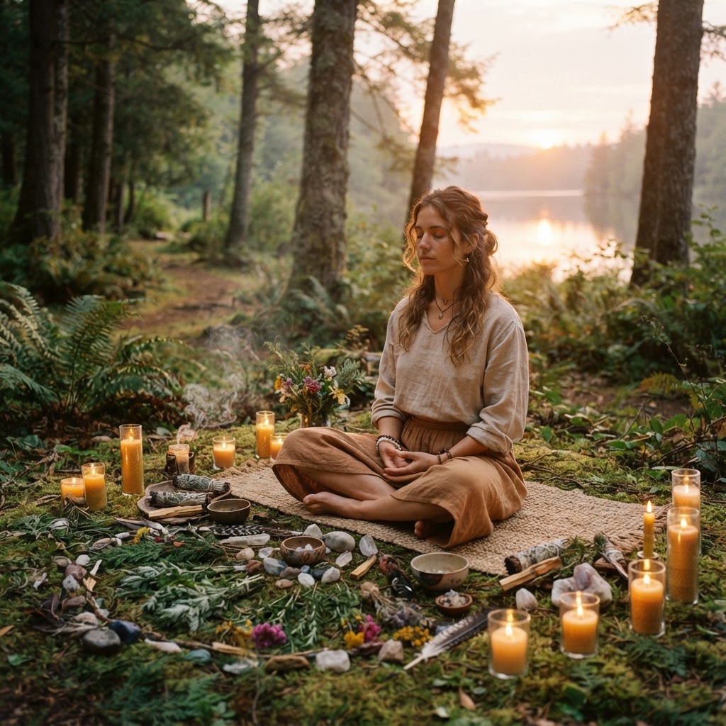 Persona meditando al amanecer preparándose para una ceremonia sagrada