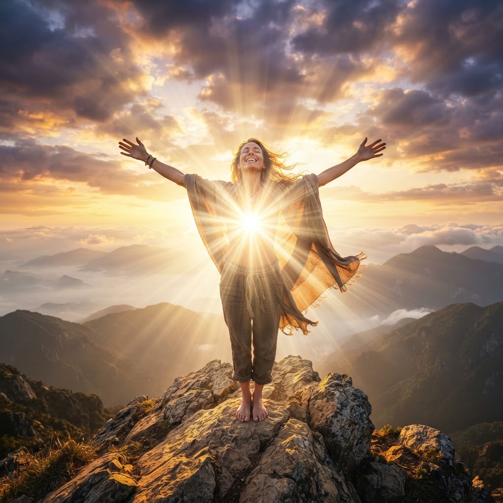 Figura radiante en la cima de una montaña al amanecer representando el despertar espiritual
