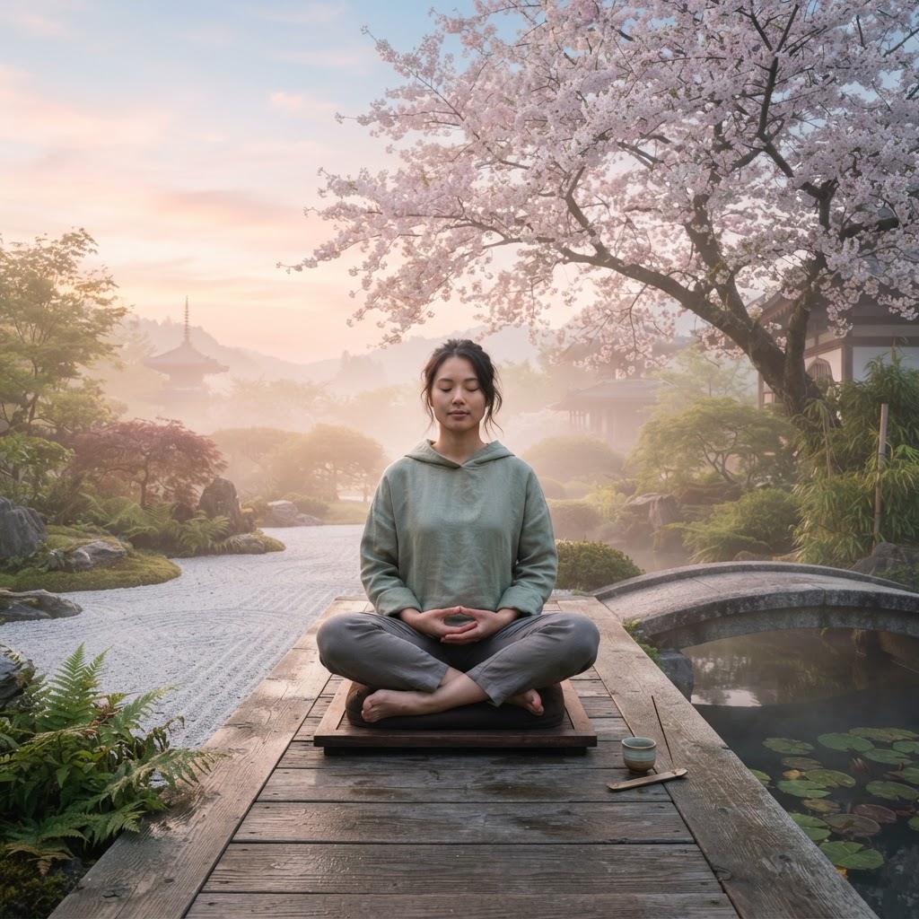 Principiante meditando en un jardín zen al amanecer con cerezos en flor
