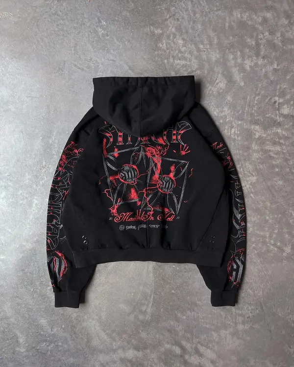 Screen printed hoodie with gothic back graphic