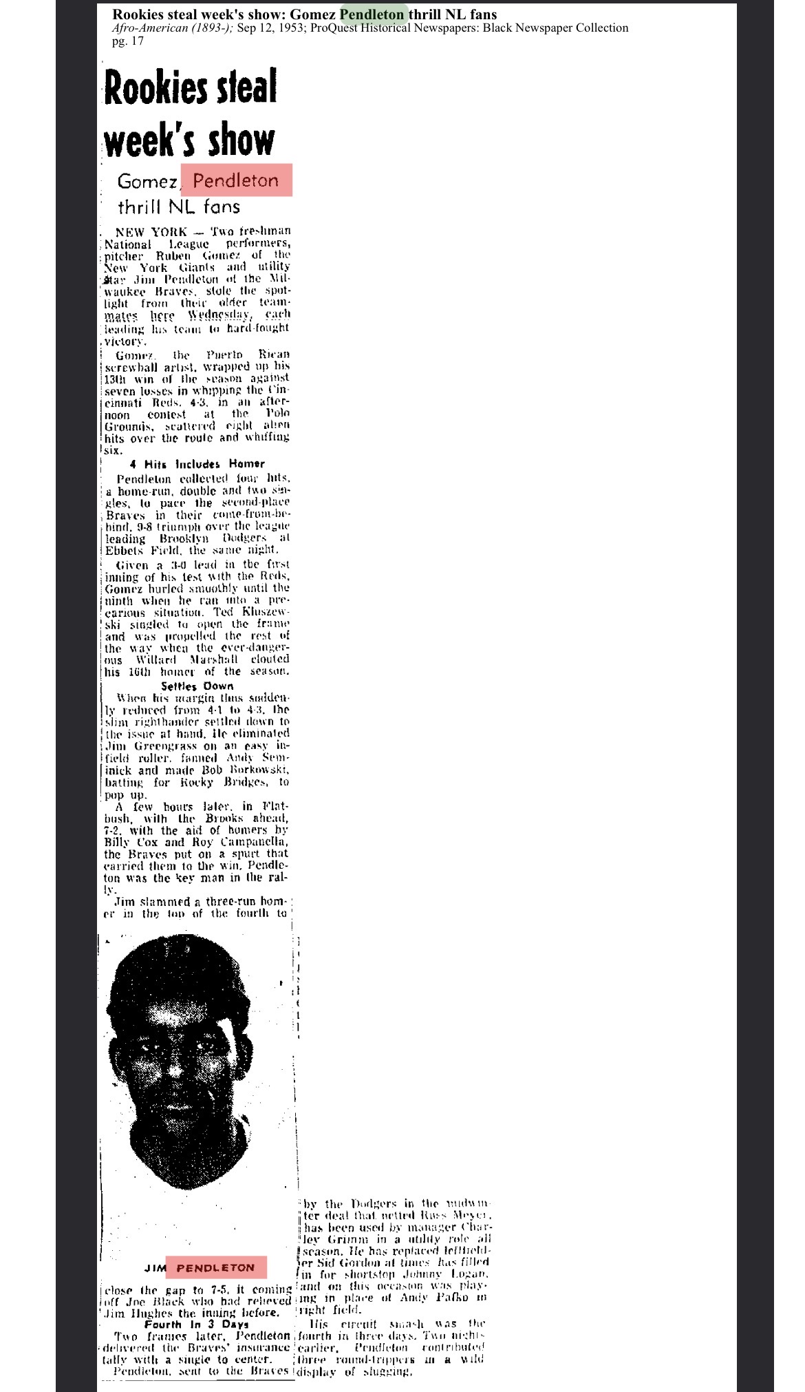 Newspaper clipping featuring Jim Pendleton's stellar performance for Milwaukee Braves