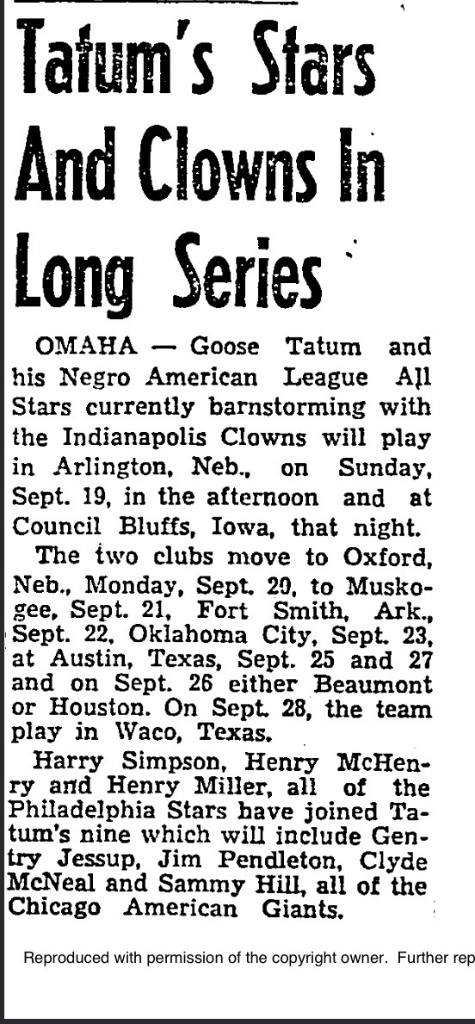 Tatum's Stars & Clowns Barnstorming Tour — Pendleton on All-Stars Roster