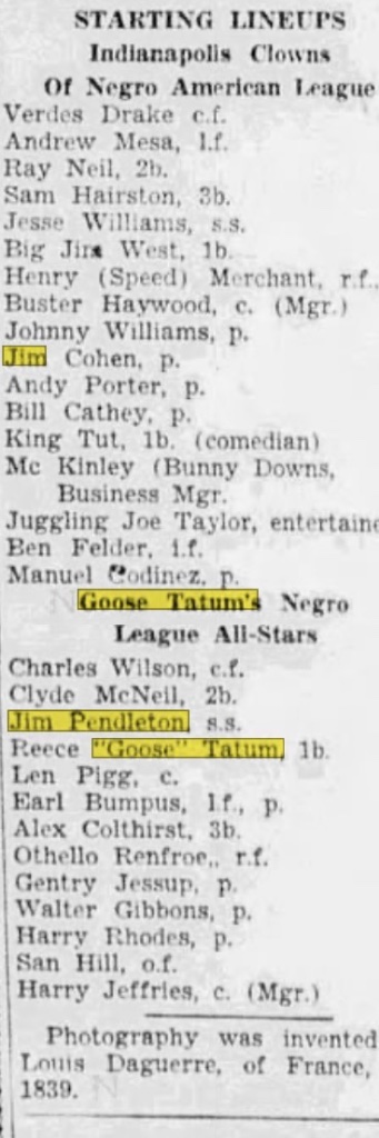 Goose Tatum's Negro League All-Stars vs Indianapolis Clowns — Starting Lineups