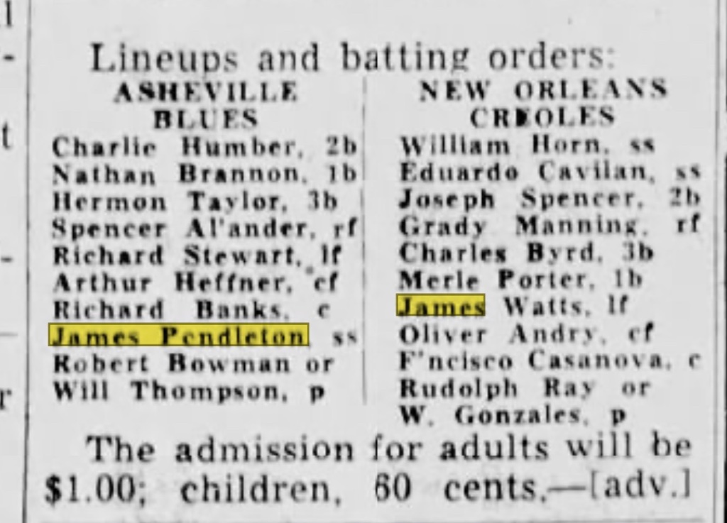 Asheville Blues vs New Orleans Creoles — Lineups and Batting Orders