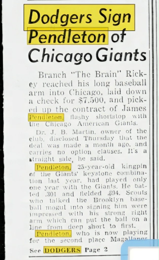 Dodgers Sign Pendleton of Chicago Giants