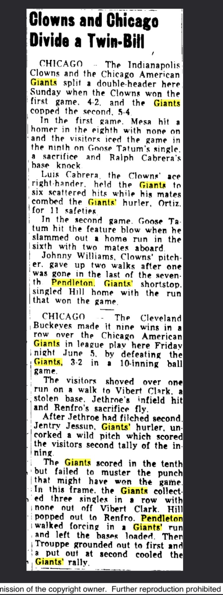 Newspaper Clipping Featuring Jim Pendleton with the Chicago American Giants