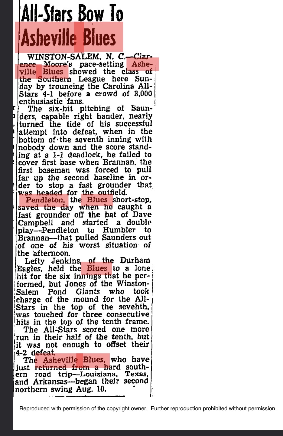 Newspaper Clipping Highlighting Jim Pendleton's Defensive Brilliance with Asheville Blues