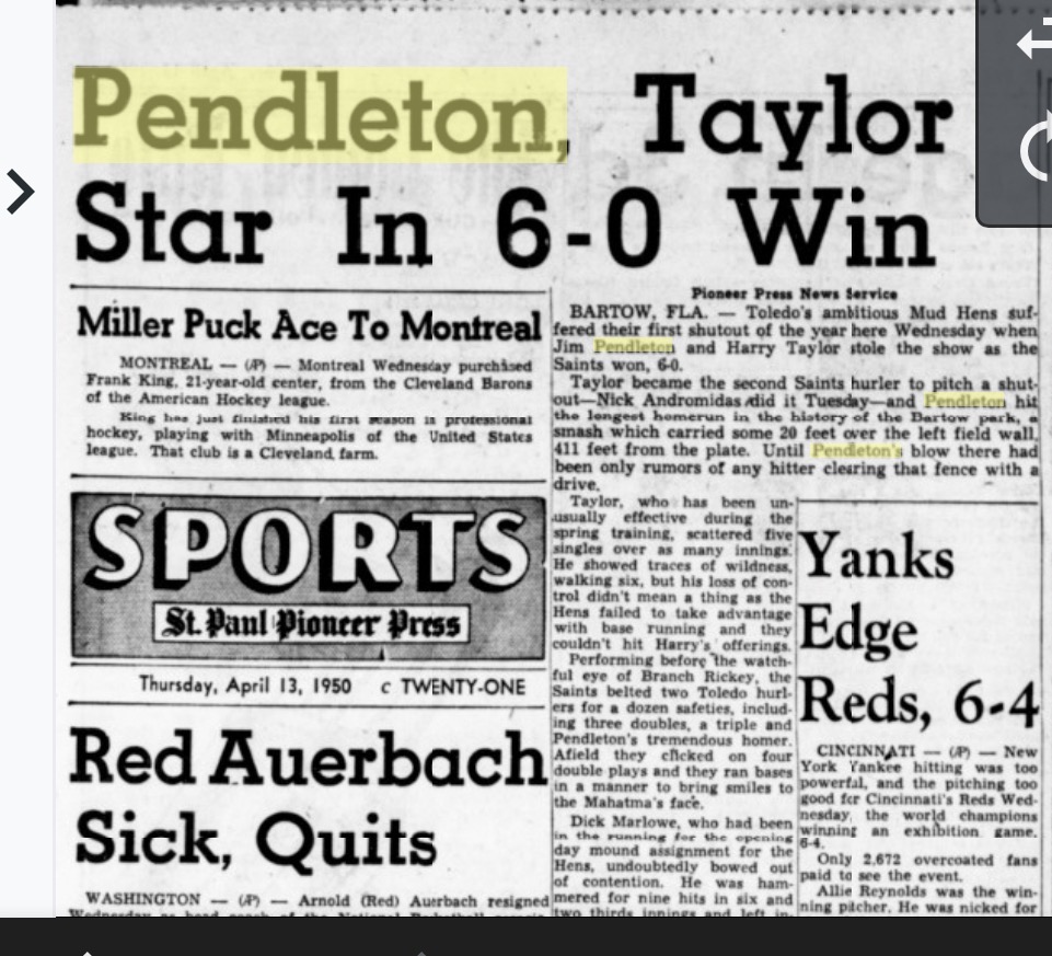 Pendleton, Taylor Star In 6-0 Win — St. Paul Pioneer Press, April 13, 1950
