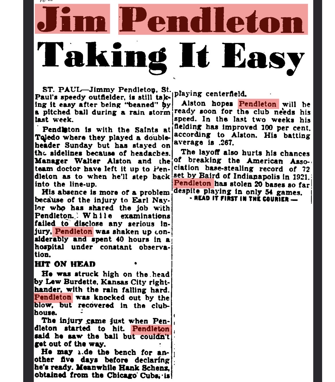 "Jim Pendleton Taking It Easy" — Pittsburgh Courier, St. Paul Saints 1949