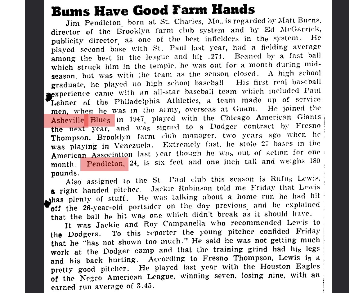 Newspaper clipping highlighting Jim Pendleton's early professional baseball career trajectory