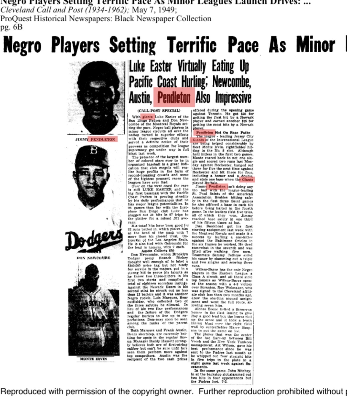 Negro Players Setting Terrific Pace in Minor Leagues Newspaper Article