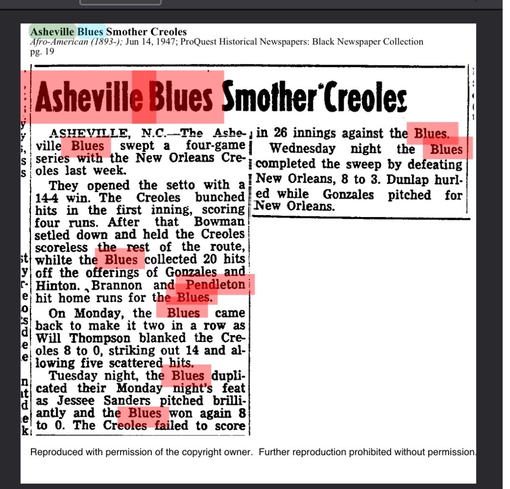 Asheville Blues Smother Creoles — Afro-American, June 14, 1947