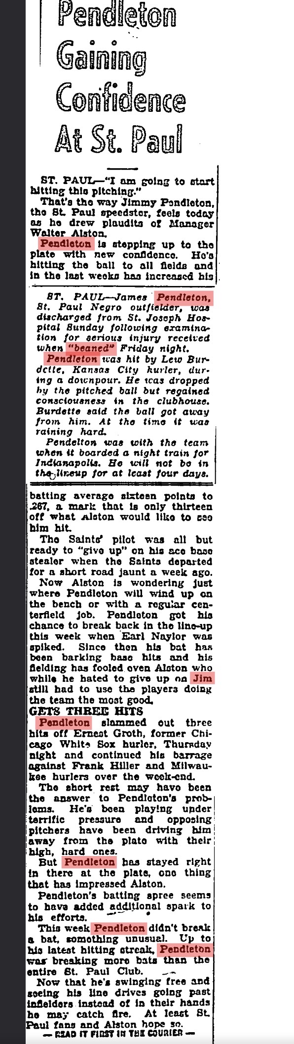 "Pendleton Gaining Confidence at St. Paul" — Pittsburgh Courier, 1949