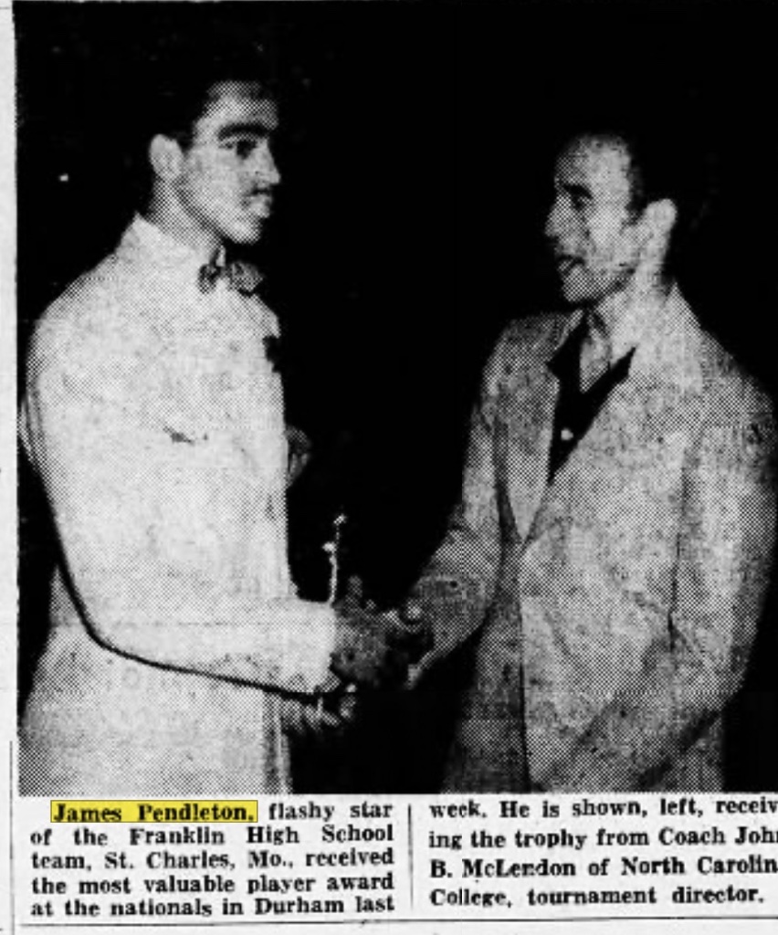 James Pendleton Receives MVP Trophy from Coach John B. McLendon — New Journal and Guide, March 28, 1942