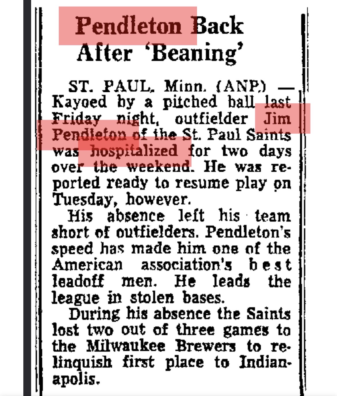 Jim Pendleton Beaned by Lew Burdette — ANP Wire Report, St. Paul Saints 1949